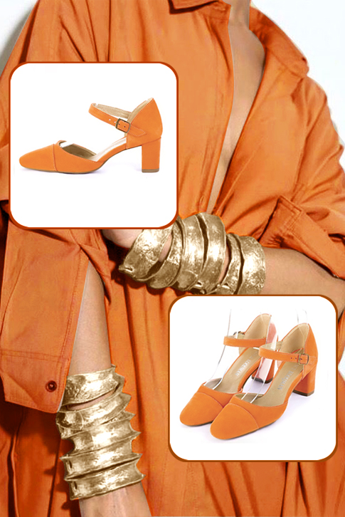 Women's apricot orange elegant closed-back heels, with an instep strap. Round toe. Medium block heels - Top view